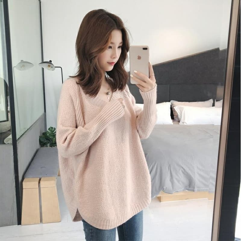 · · Suéter feminino com decote em v solto estilo preguiçoso Top 2025 outono inverno estilo curto gola baixa gola baixa a