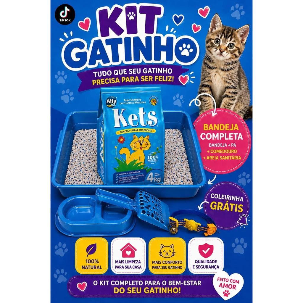 Kit Areia Para Gatos kets 4 Kg + Pá Higiênica +comedouro e bebedouro + Bandeja +coleira GRATIS