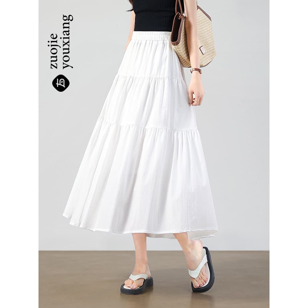 Saia branca a linha feminina verão 2026 novo estilo francês estilo suave cintura alta mais magro olhar comprimento médio