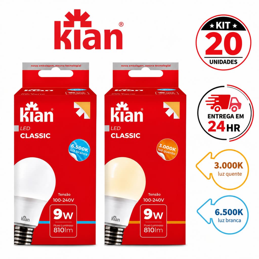 KIT 20 /10  Lâmpadas LED Kian 9W Luz Branco Frio 6500K / Luz Amarela 3000k Bivolt Alta Potência Com Bocal E27 Bulbo