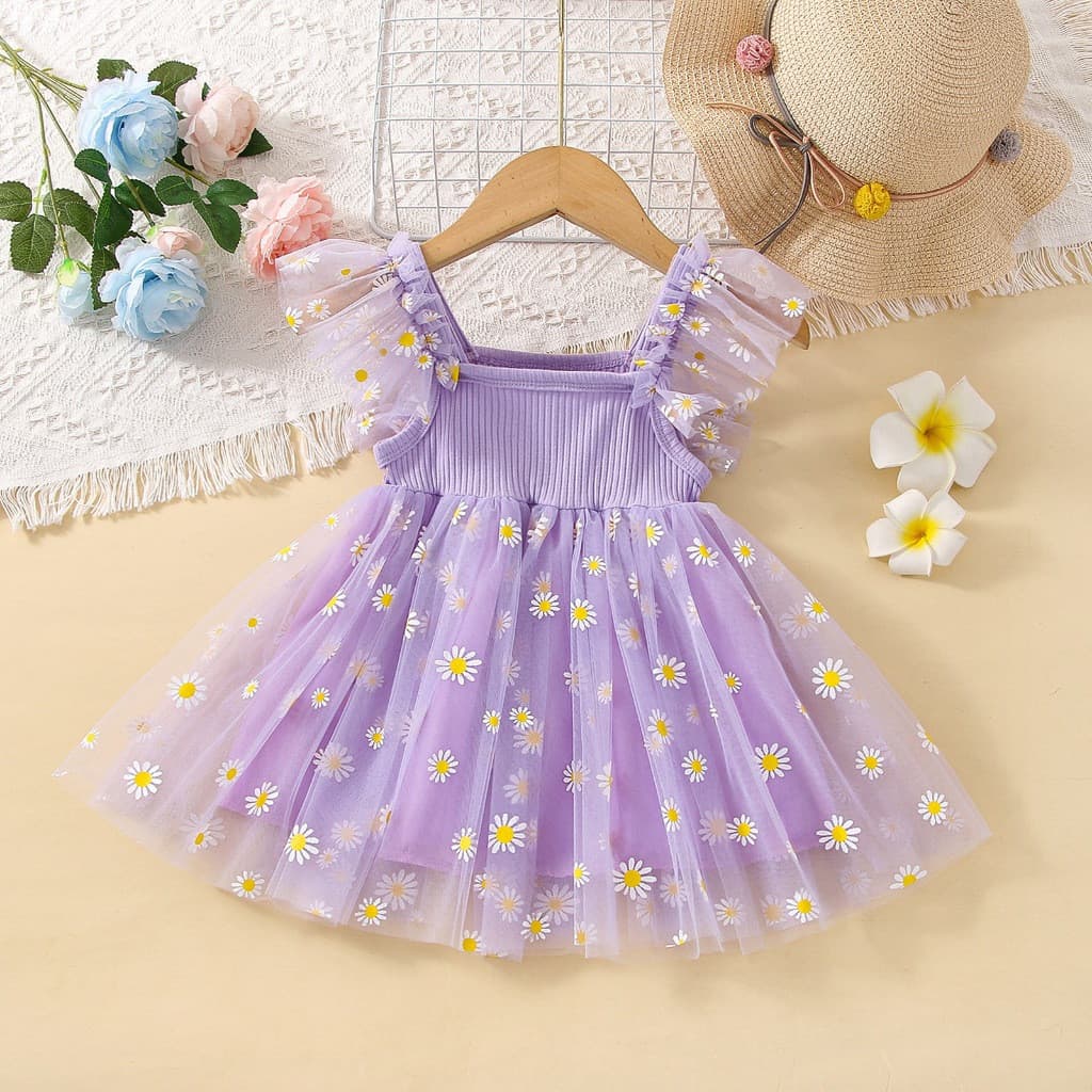 Novo vestido de princesa de chiffon com estampa de margaridas para o verão, para meninas, estilo coreano, sem mangas, ad
