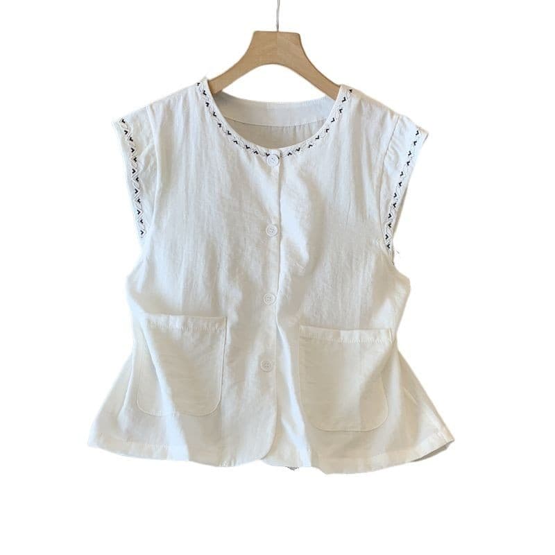 Estilo de dinheiro antigo bordado padrão colete superior feminino verão solto leve respirável pequena camisa exterior us