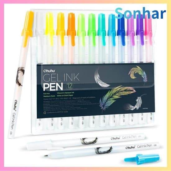 Canetas esferográficas de tinta gel Ohuhu, 12 cores, caneta branca, ponta fina, para destaques em aquarela, di