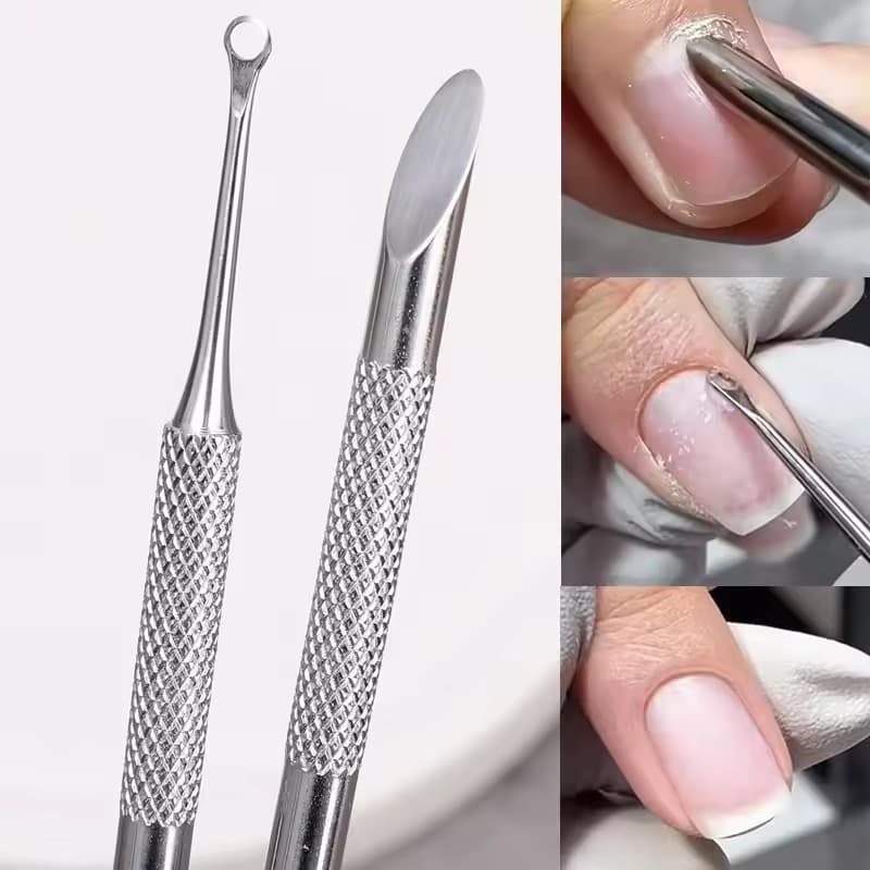 Pá De Cabeça Oblíqua Circular Push-Removedor De Aço Inoxidável Bastão De Manicure-Raspador De Ponta Dupla-Ferramenta Par