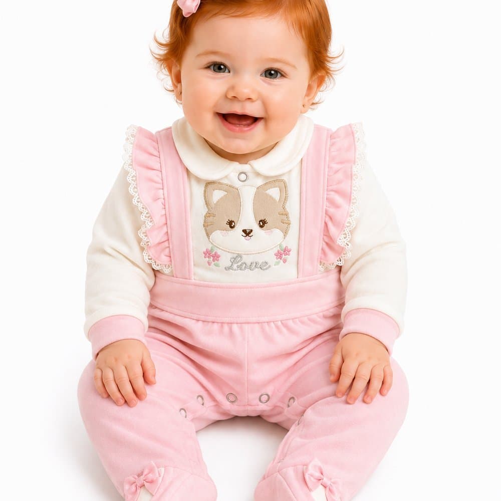 Macacão Bebê Menina Luxo em Suedine Gatinha Love Rosa - M.Baby