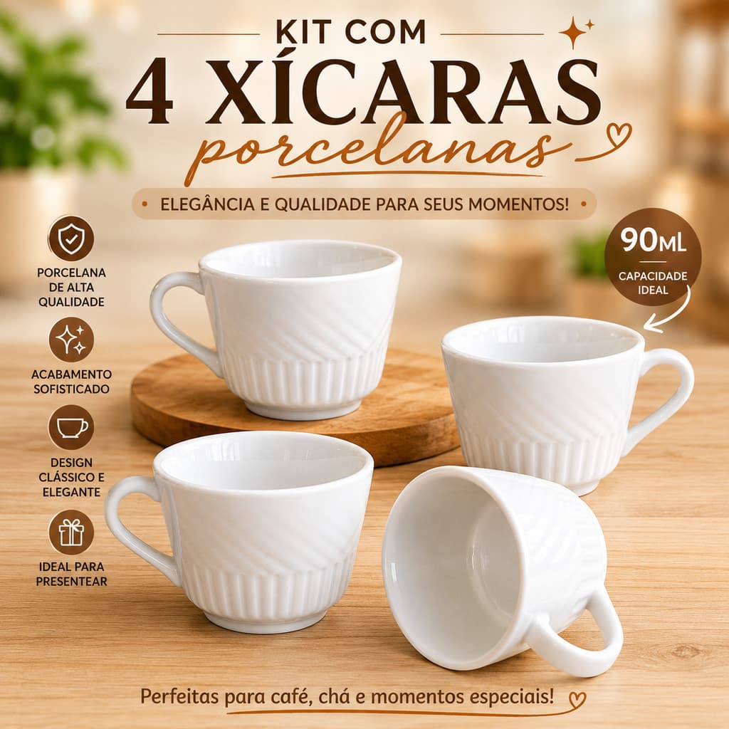 Jogo 4 Xicaras Com Relevo Café Chá Porcelana Branca 90 ml Sem Pires Caneca Mesa Posta