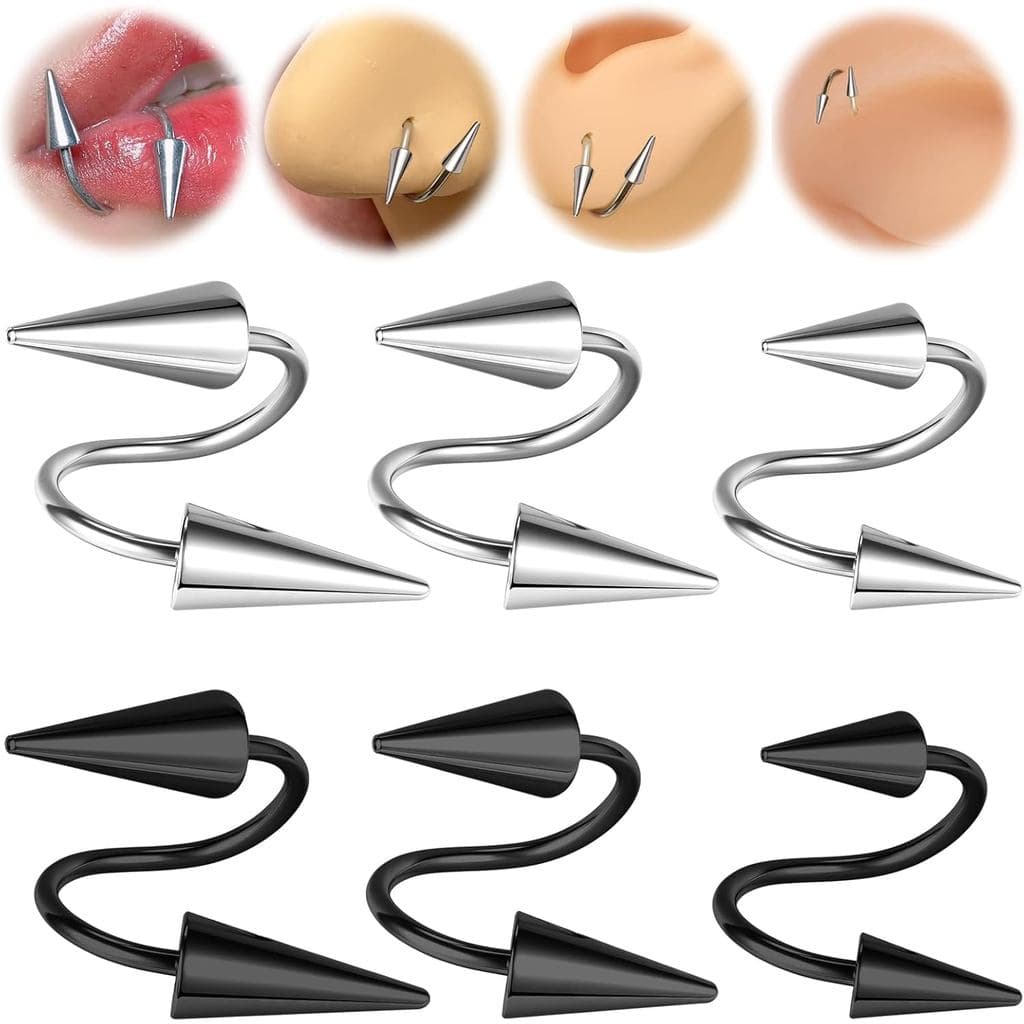 BodyAce Anéis de Nariz com Espigas, Anéis de Lábio Espiral, Brincos de Aço Inoxidável Pretos com Espigas, Piercing de Ca