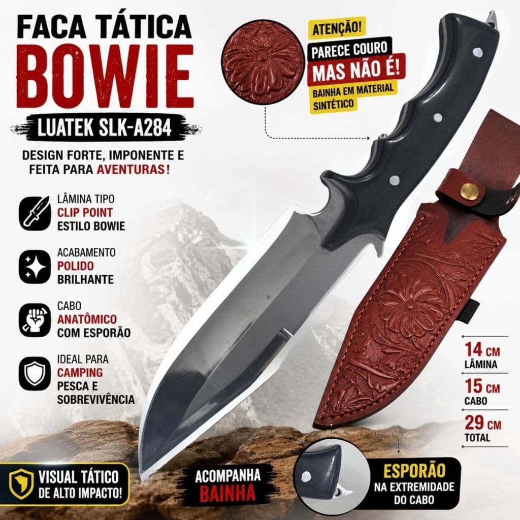 Faca Tática Bowie Luatek A284 Bainha Estilo Couro Camping