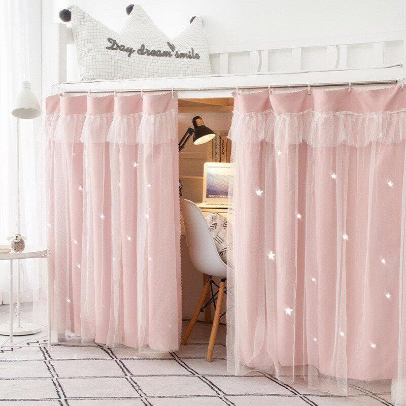 Cortina de cama estilo princesa com gaze Dormitório estudantil universitário Forte Blackout imitação de algodão Cortina