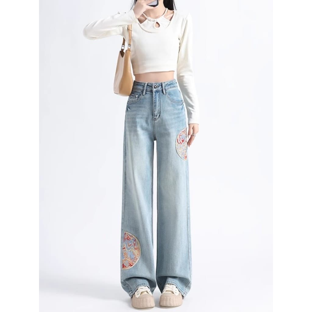 Novo estilo chinês estilo chinês bordado Jeans feminino 2026 primavera novo estilo cintura alta mais magro olhar solto e