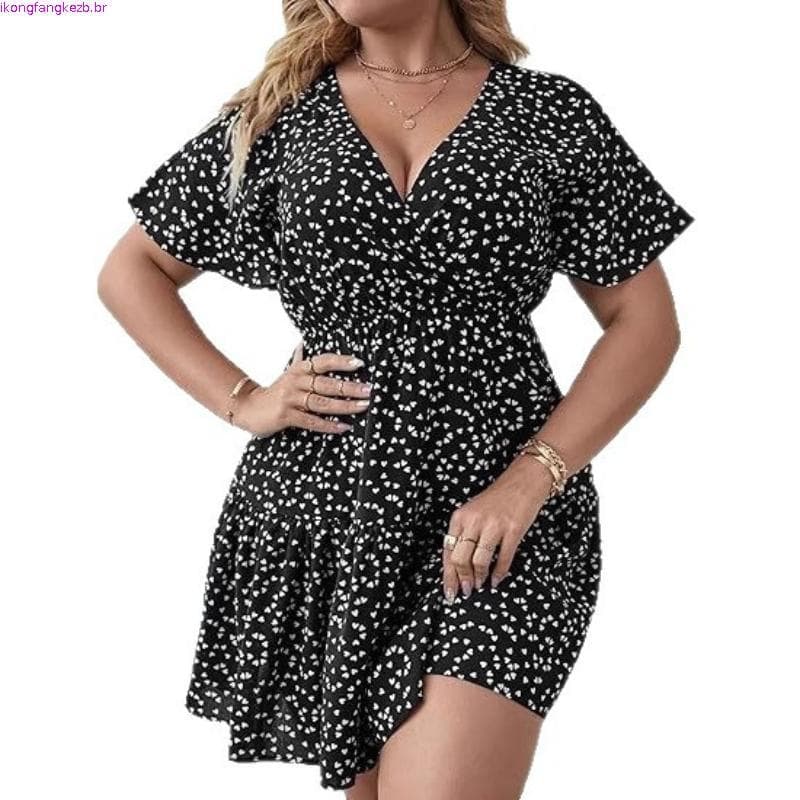 Vestido Estampado Envolvente de Manga Curta com Babados e Decote em V para Mulheres Plus Size
