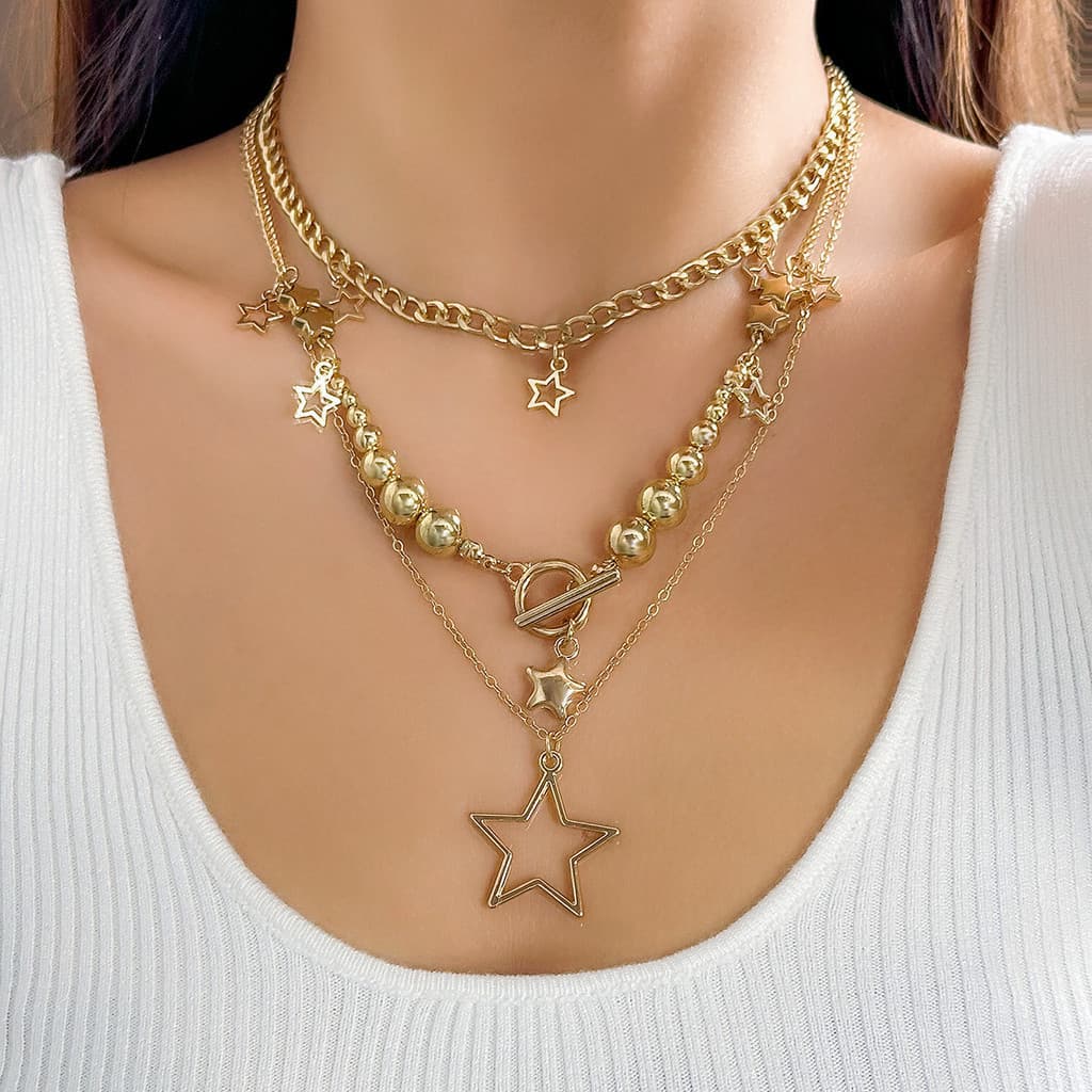 [Estoque pronto] Conjunto de colar com pingente em forma de estrela estilo Hip-Hop moda CCB contas redondas colar de cor