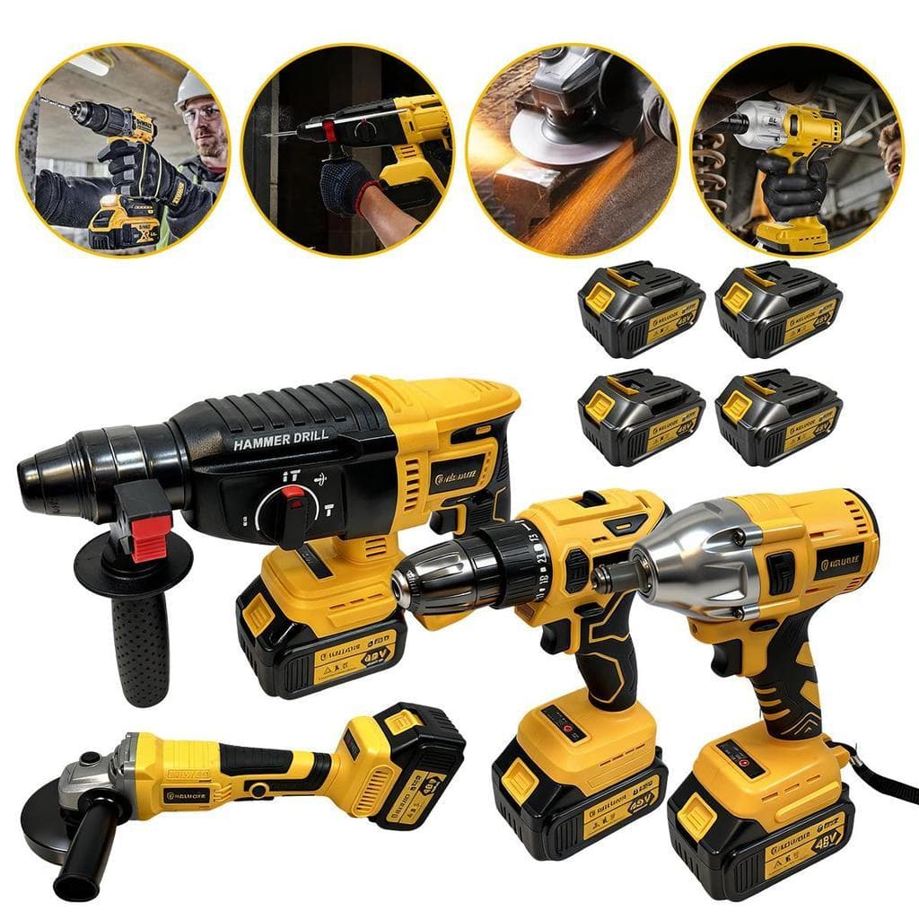 Kit Ferramentas Elétricas 4 Em 1 48V Parafusadeira Martelete Esmerilhadeira Chave Impacto 1/2 Com 2 Baterias