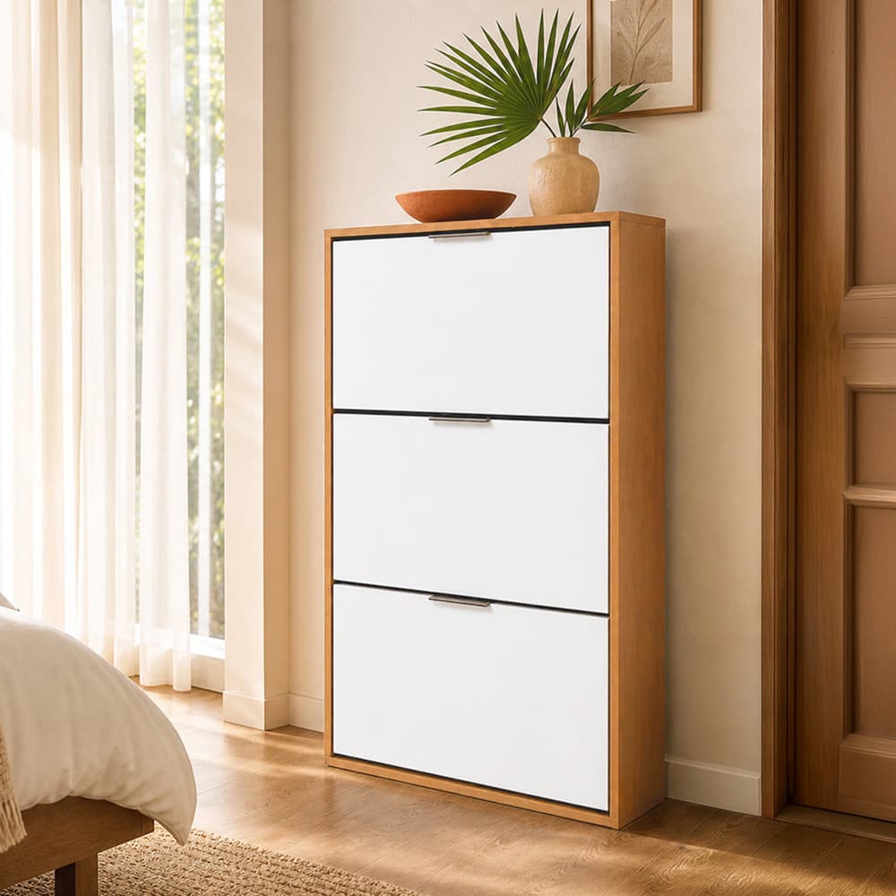 Sapateira Vertical Com 3 Portas Organizadoras Armário Multiuso Decorativo Sala Quarto e Hall Entrada Cinamomo/Branco