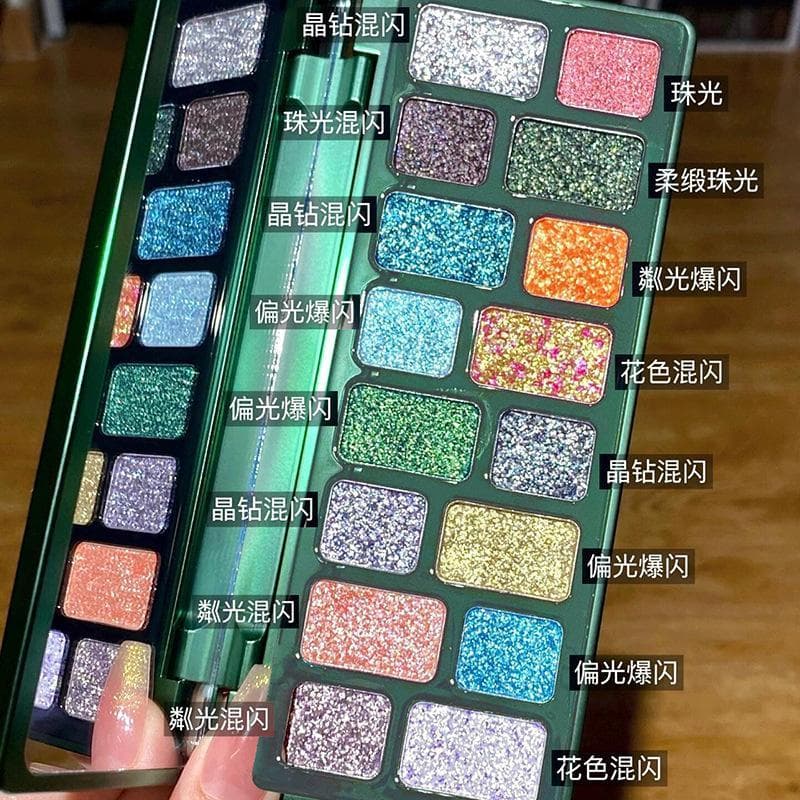 Maquiagem de palco 16 cores paleta de sombras com Glitter completo série verde estroboscópio vidro multicolorido fumado