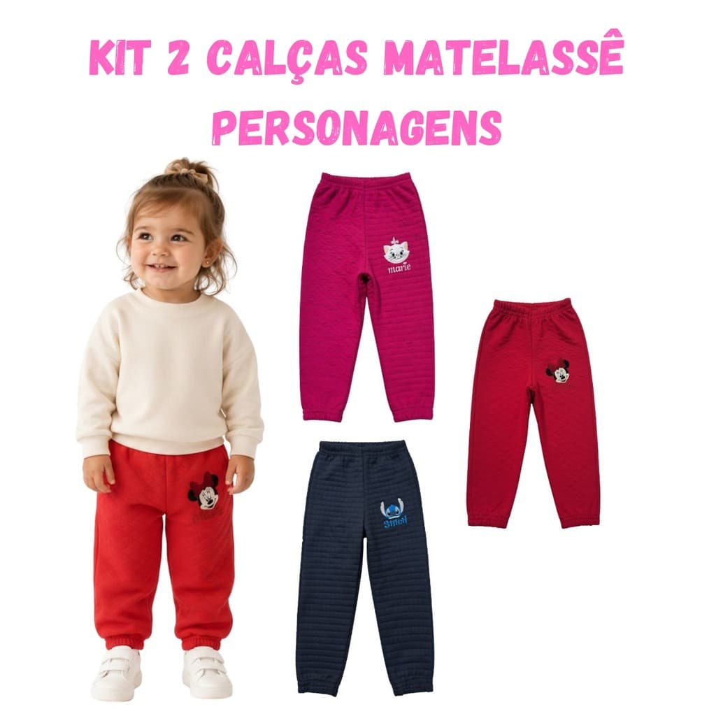 Kit com 2 Calças Moletom Bebê Menina Flanelada de Frio Minnie Marie Stitch Personagens Quentinho