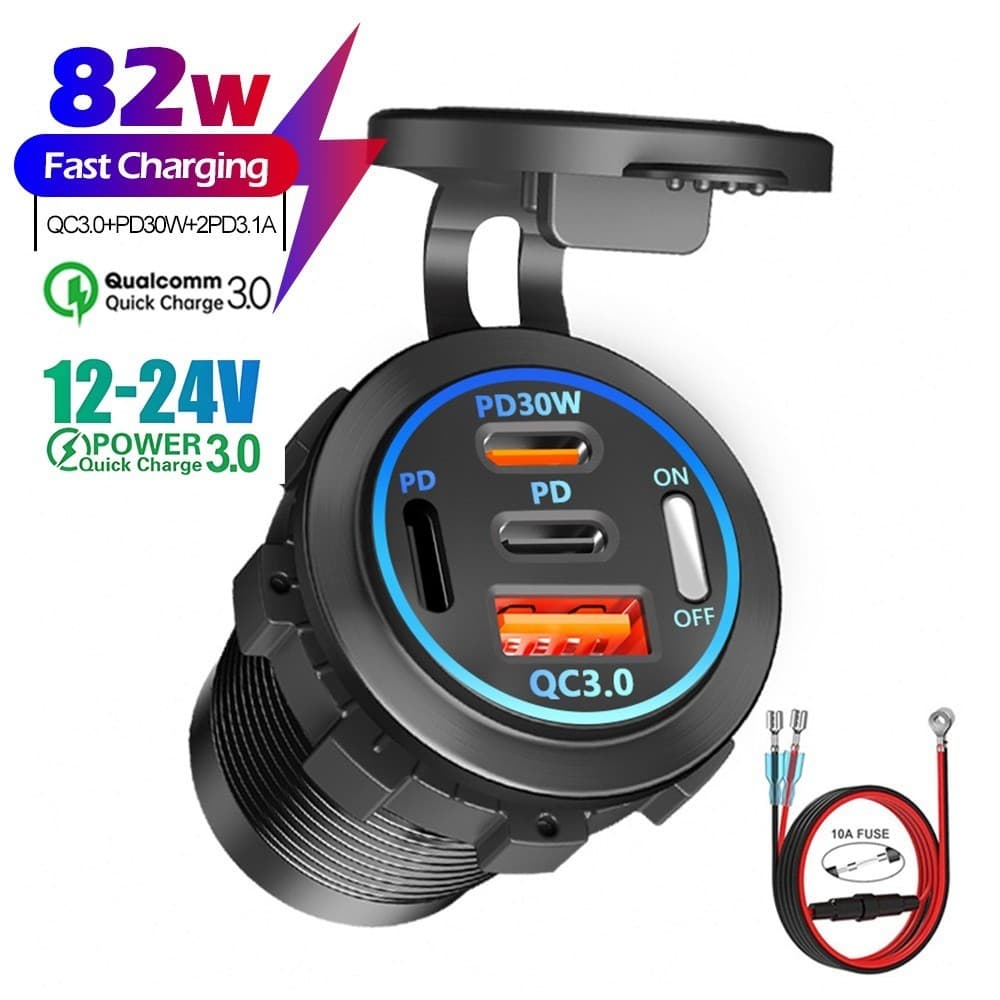 12V-24V 82W 4 Portas PD QC3.0 Tomada De Carregador De Carro De Carregamento Rápido Com Interruptor Liga/Desliga Universa