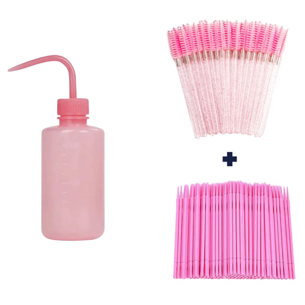 Extensão De Cílios Garrafa 150ml + Kit 50 Escovinhas + Kit 100 Escovinhas Limpeza para Cílios