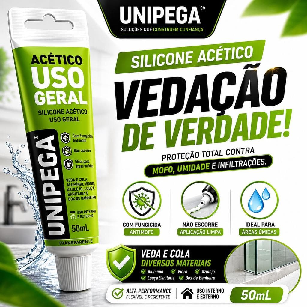 Silicone Acético para Box Unipega 50g Vedação Profissional Transparente Alta Aderência e Resistência