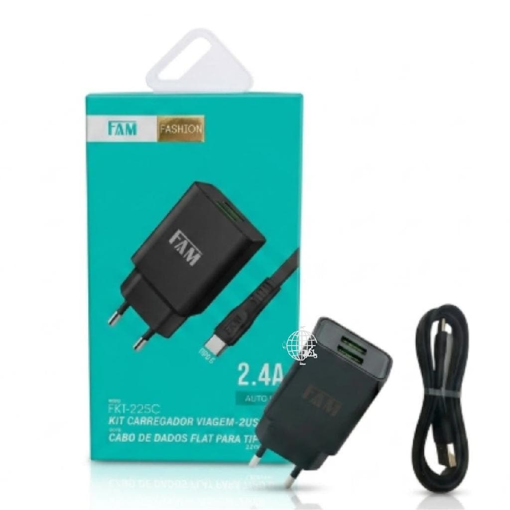 Kit FAM Carregador De Parede + Cabo De Carregamento Transferência USB-A E USB Tipo C FKT-225C Preto.