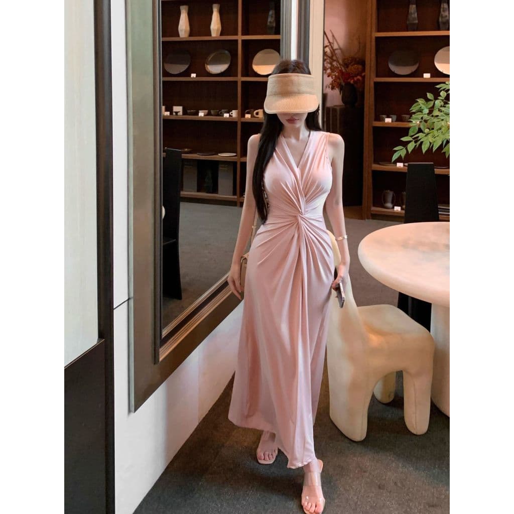 Estilo celebridade francesa rosa sem mangas vestido feminino verão elegante plissado com decote em v cintura estreita ma