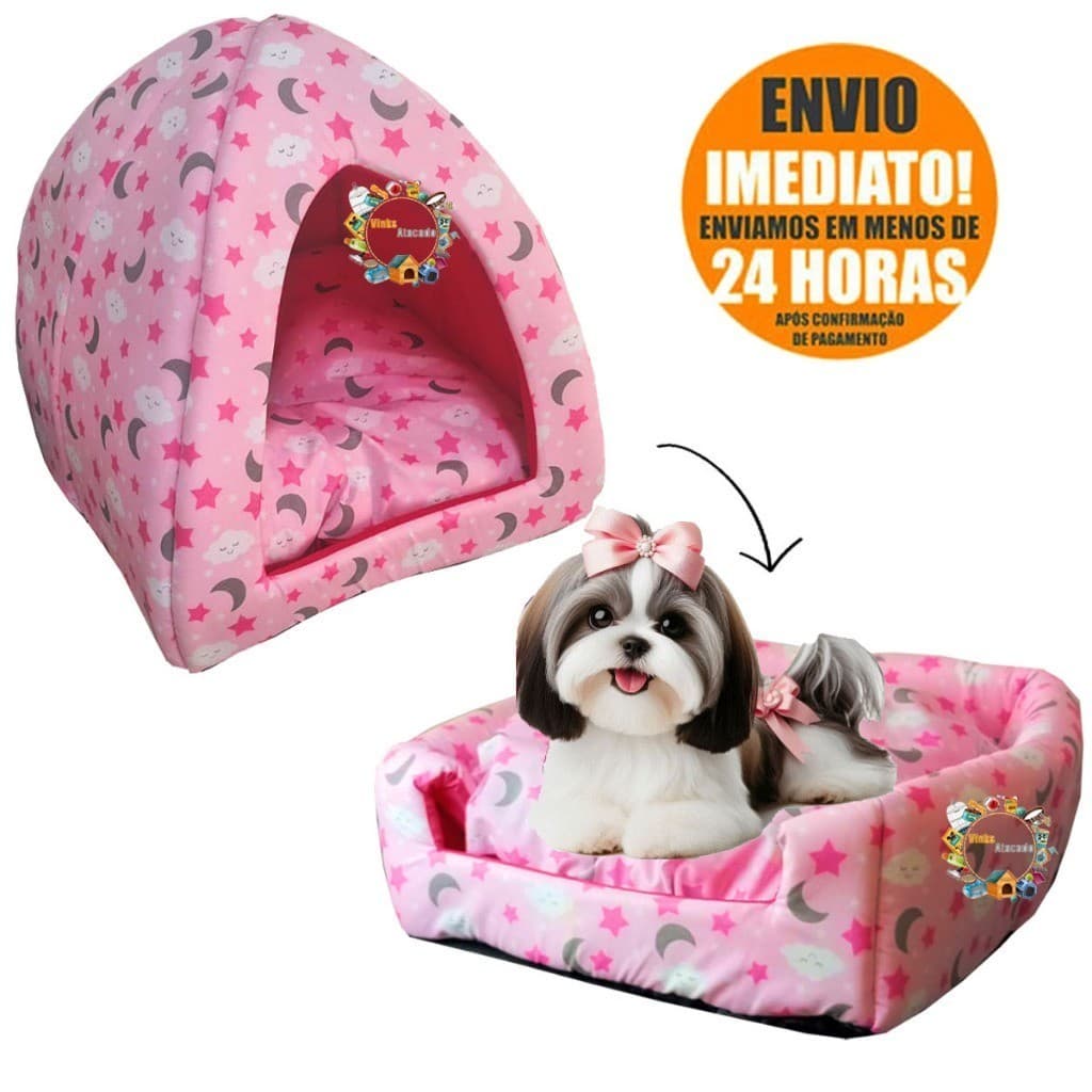 Toca Tenda Cabana Toquinha Iglu Cama Caminha Rosa Estrela 2 em 1 Almofada Pet para Yorkshire Shitzu Cachorro Gato Luxo