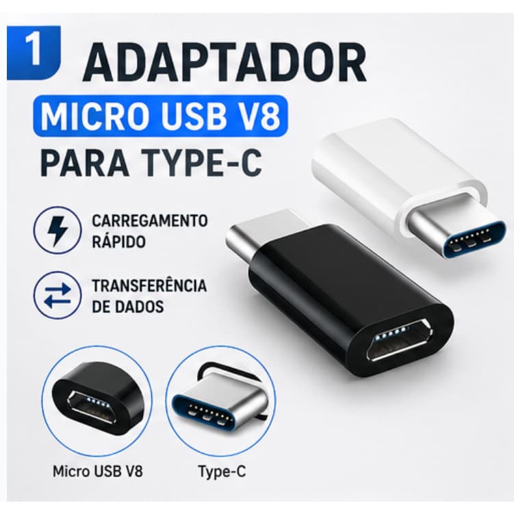 Adaptador V8 para Tipo C USB-C Compatível com Android Carregamento e Sincronização