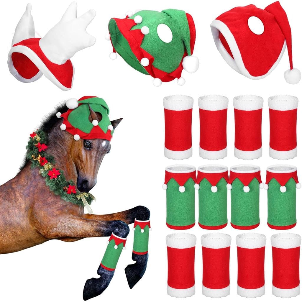 Conjunto de 15 Peças de Acessórios para Cavalos de Natal, Fechos de Velcro, Protetores de Pernas para Cavalos, Chapéus e