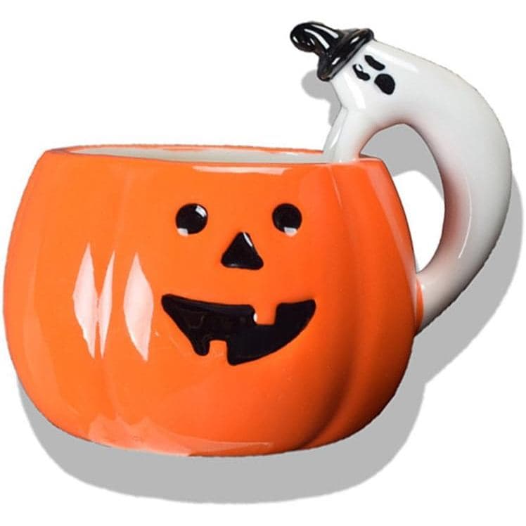 Caneca de Cerâmica de Halloween ZaH com Abóbora Sorridente e Alça de Fantasma, Caneca Laranja de Outono 10oz (350ml)