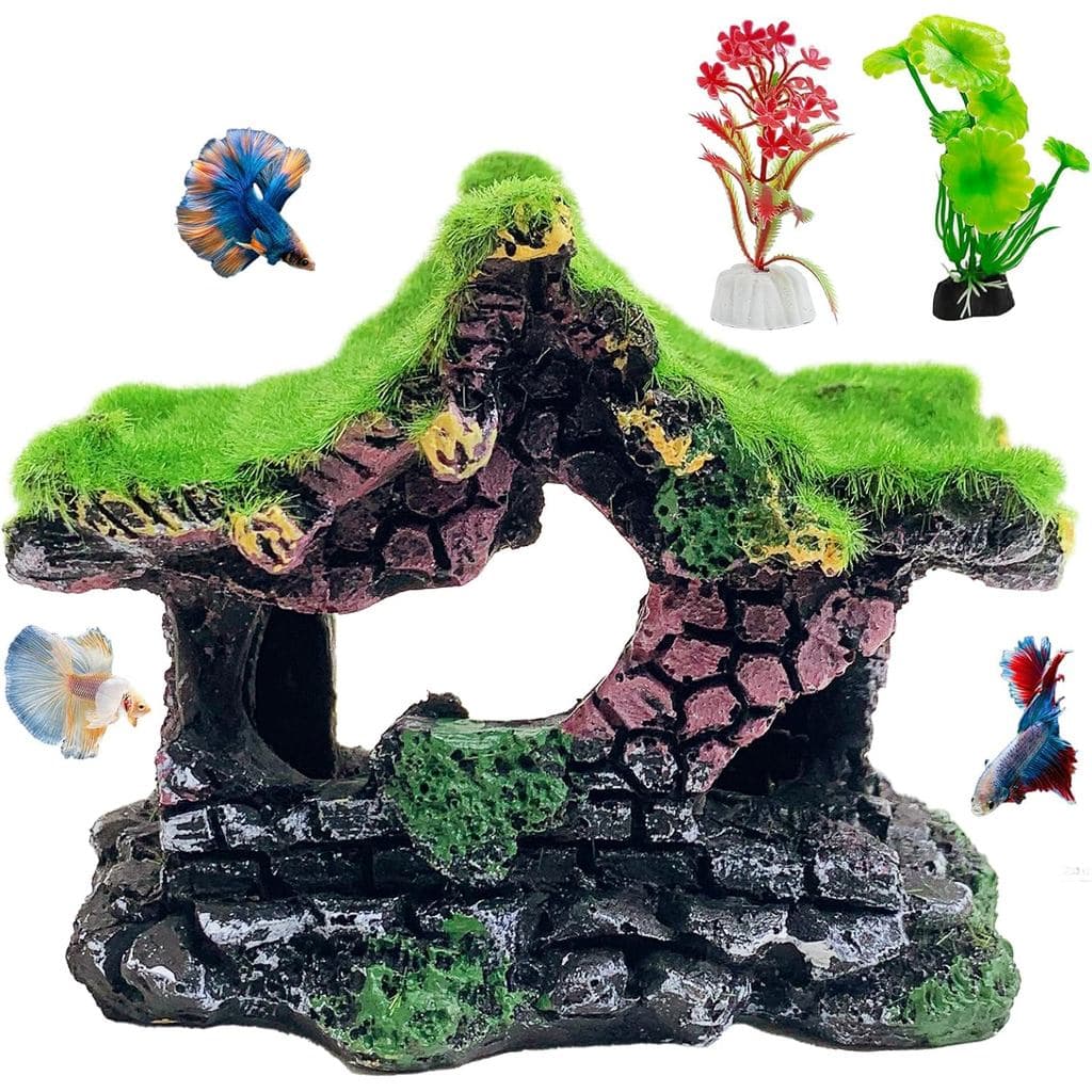 Hamiledyi Casa Oca de Resina para Decoração de Aquário, Acessórios para Tanque de Peixes, Caverna para Betta com Musgo R