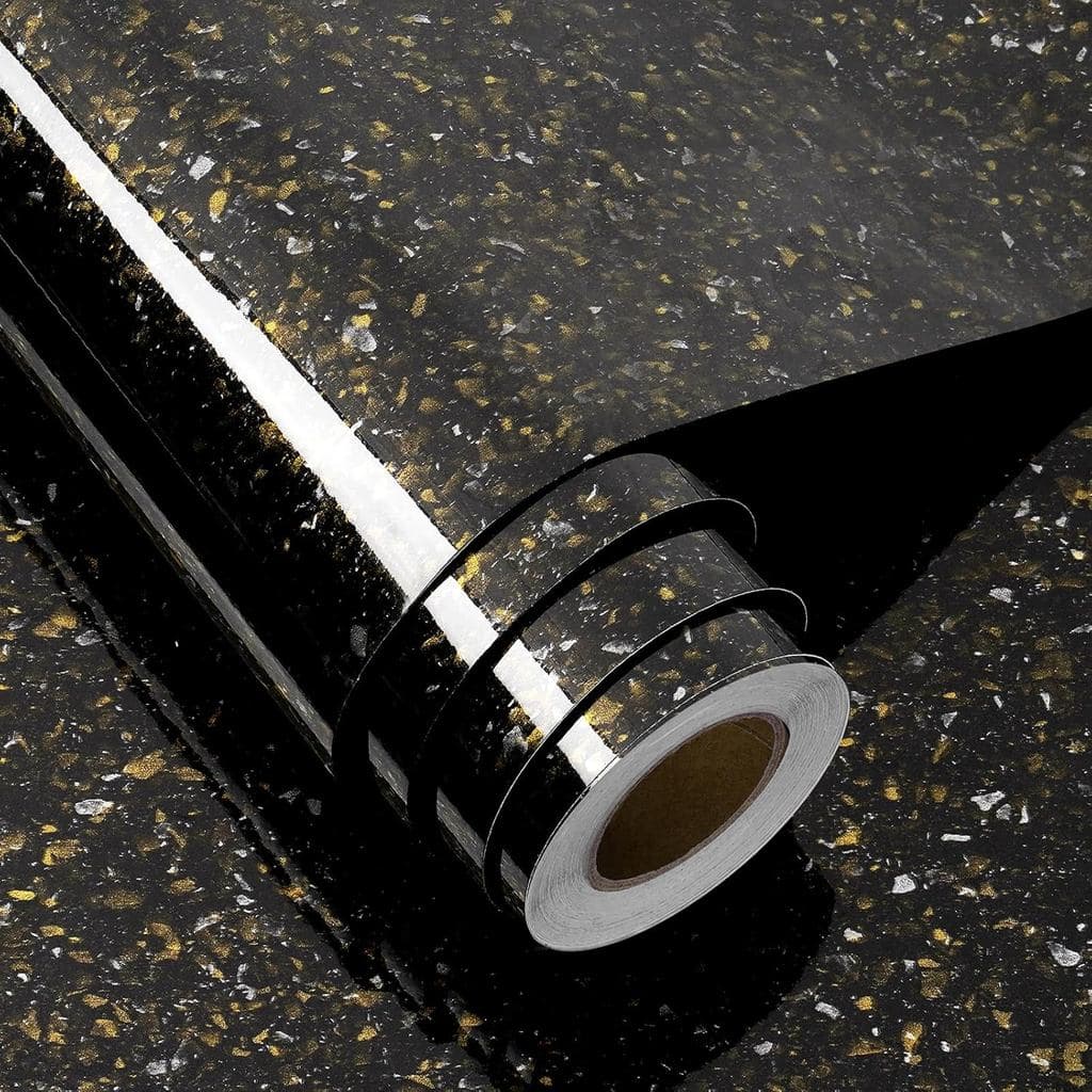 Papel Adesivo FunStick em Granito Preto e Dourado para Bancadas, Revestimento Removível e Impermeável para Cozinha, Banh