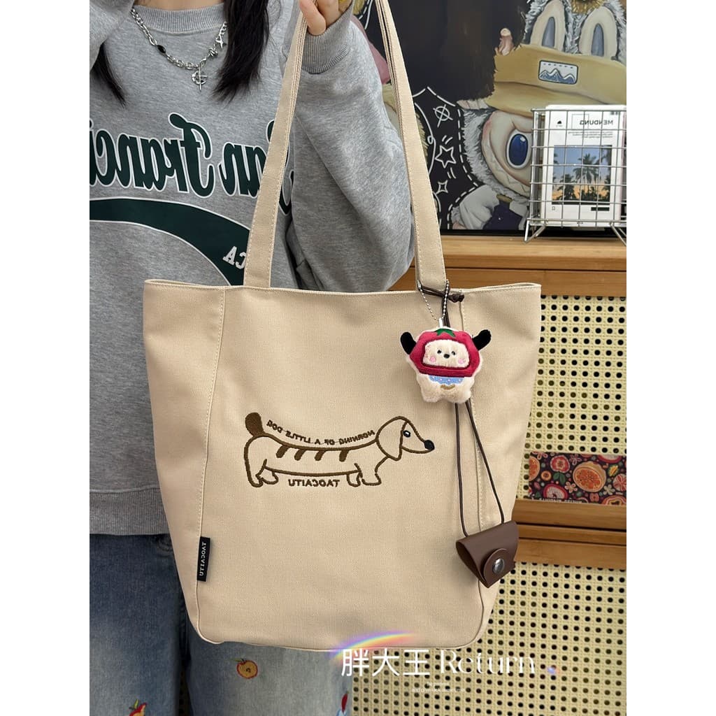 Japonês ins bonito Dachshund cão bordado bolsa de lona feminino estudantes universitários classe bolsa de ombro grande C