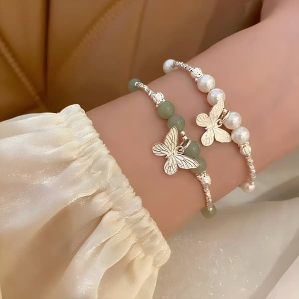 ❋Concha de prata novo estilo chinês S925 prata esterlina Hetian Jade redonda pérola borboleta pulseira feminina doce All