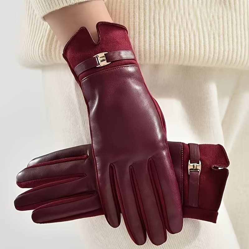Luvas Femininas de PU, Quentes para o Inverno com Forro Espesso, Adequadas para Condução em Clima Frio e Ciclismo ao Ar