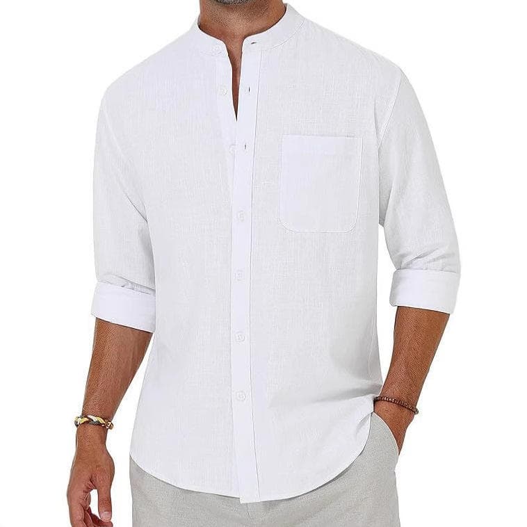 Comércio exterior novo estilo Amazon gola alta camisa de manga comprida puro algodão masculino Casual imitação de linho