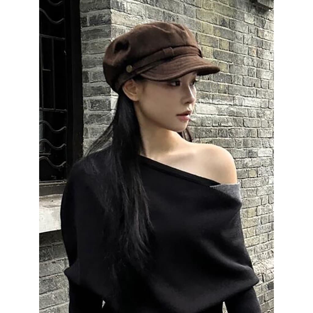 Boina plana de camurça marrom Merad feminina outono inverno retrô estilo britânico chapéu octogonal de rosto pequeno
