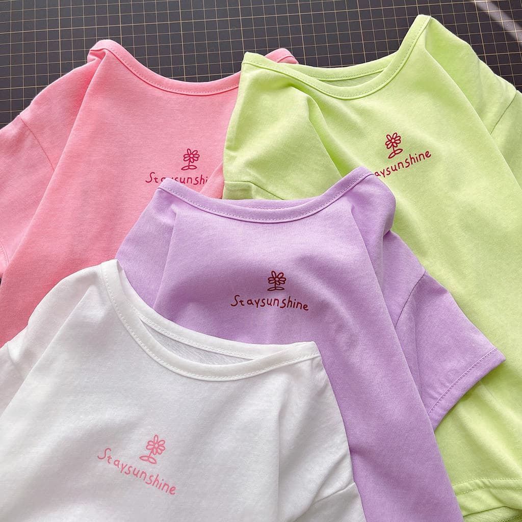 Extra verão fresco crianças em torno do pescoço flor camiseta meninas de manga curta topo estilo fino crianças estilo ve