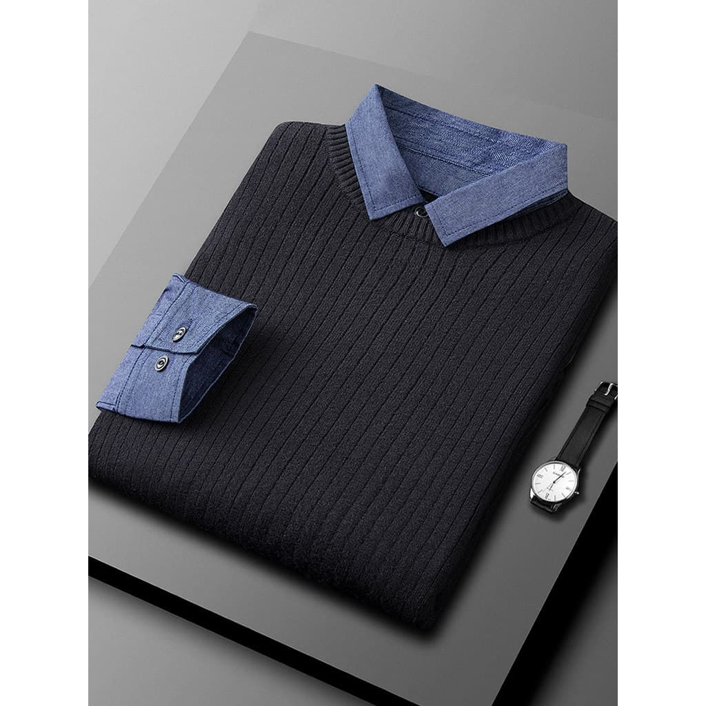 Outono inverno camisa jeans masculina gola falsa suéter de duas peças suéter masculino de manga comprida Casual forro de