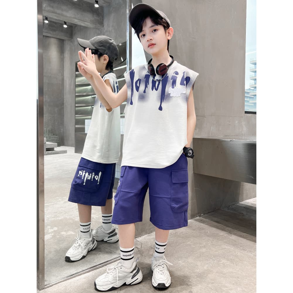 Roupas infantis meninos ternos de verão 2024 novo estilo médio grande meninos verão fino sem mangas colete rufião bonito