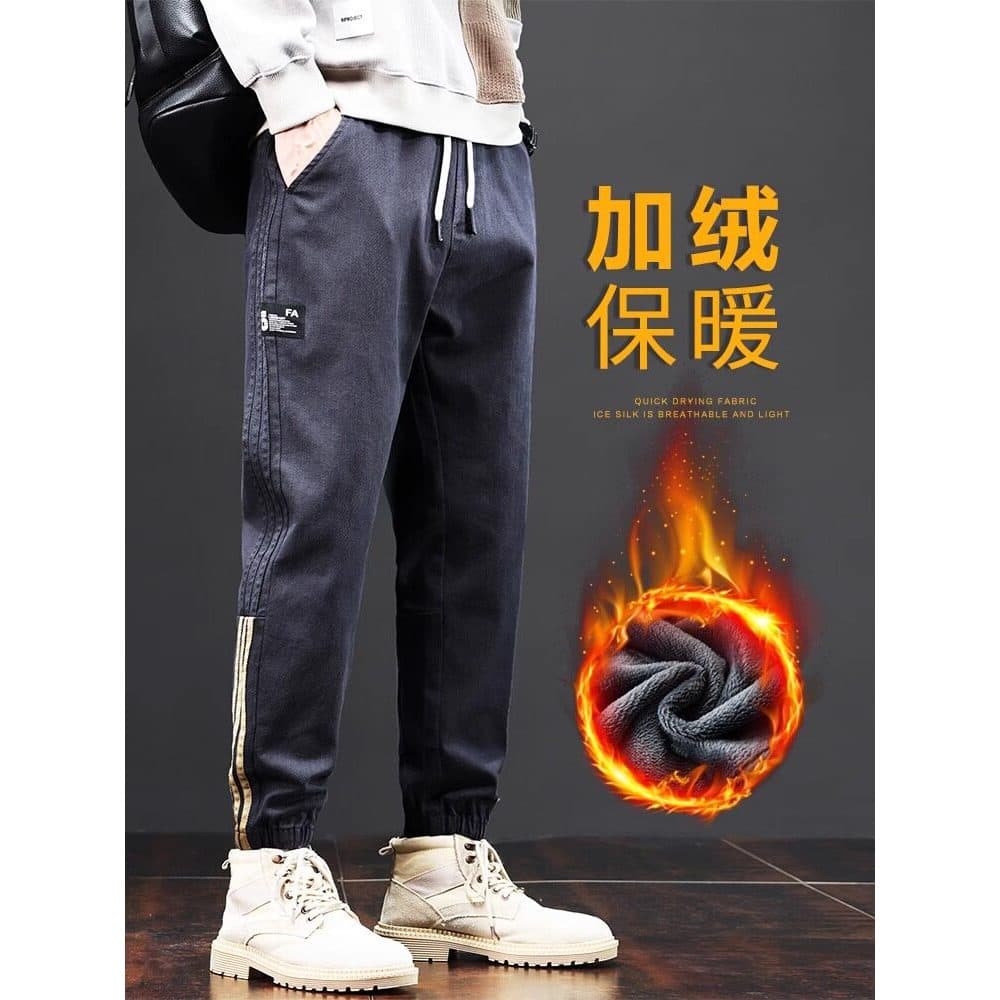W inverno listrado costura calças casuais masculinas de alta qualidade outono inverno estilo forro de lã engrossado pé-g