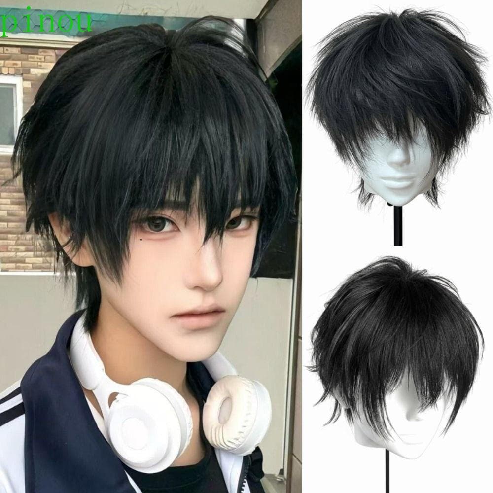 PINOU Cabelo Curto Em Camadas Retas , Perucas Masculinas Naturais Fofas Com Franja , Peruca Cosplay De Halloween