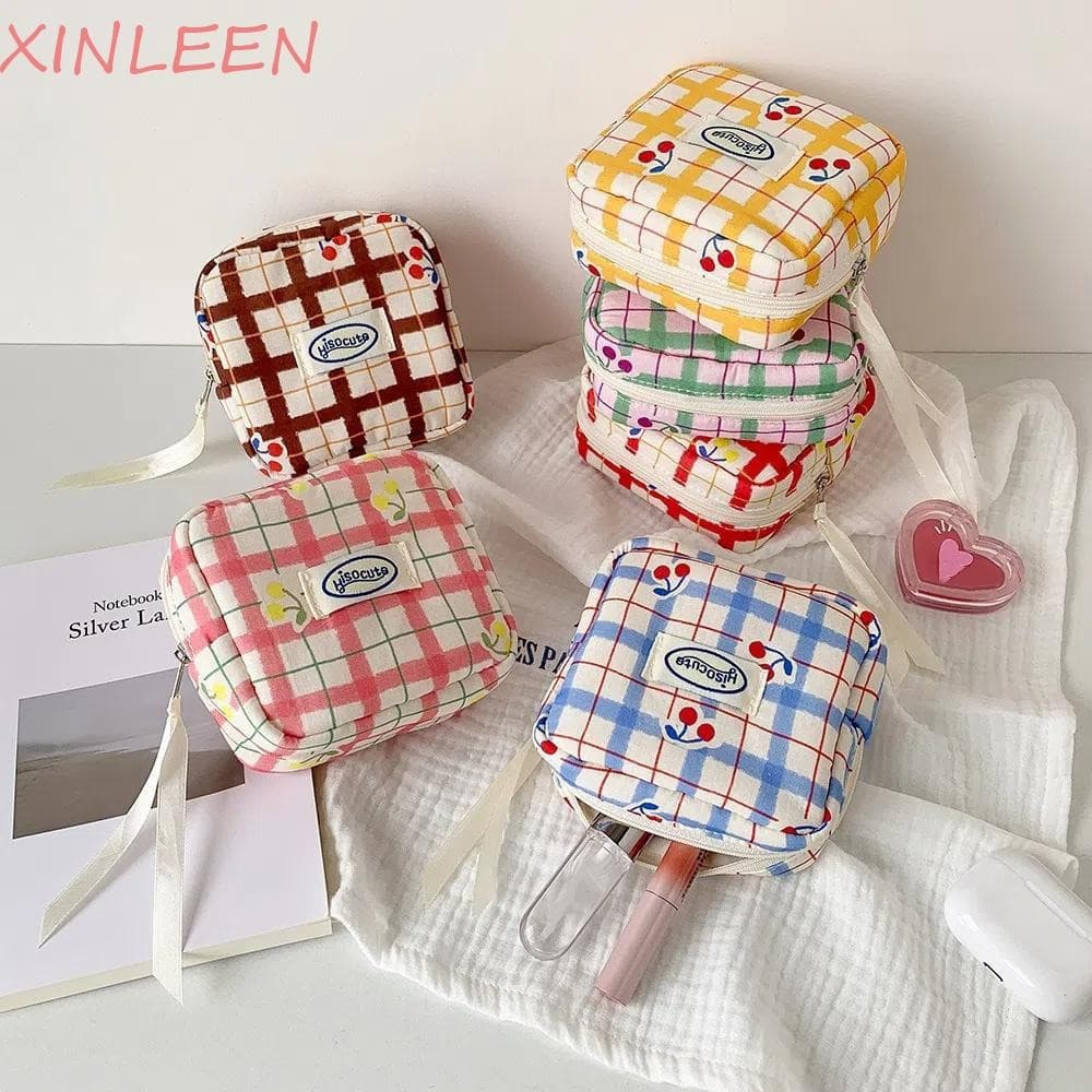 Estojo De Lápis Cereja XINLEEN Y2K , Bolsa Coreana De Desenho Animado Xadrez De Grande Capacidade , Portátil