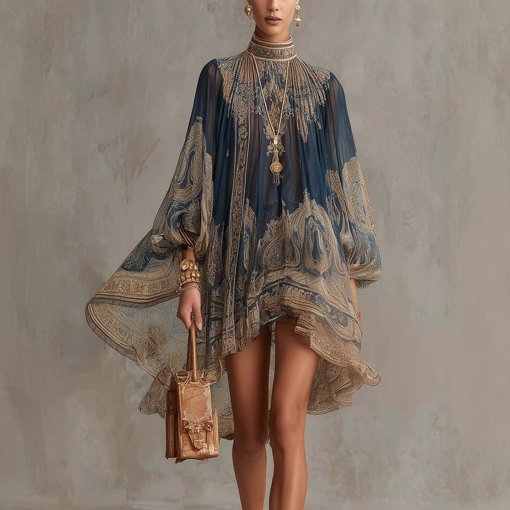 Vestido De Chiffon Estampado Com Gola Alta Solto Estilo Férias Xale Saia Feminina De Manga Comprida