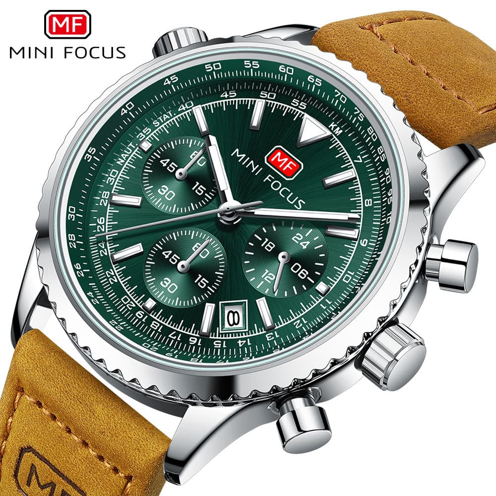 MINI FOCUS Relógio Casual Multifuncional Relógio de Quartzo Aviação Cronógrafo Relógio Banda de Couro Genuíno 0463G