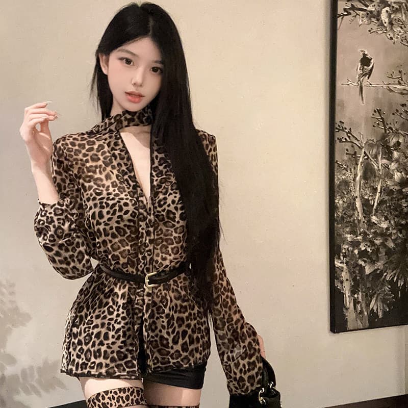 Camisa De Proteção Solar De Verão Com Estampa De Leopardo , Decote Em V , Blusa De chiffon De Manga Comprida Para Mulher