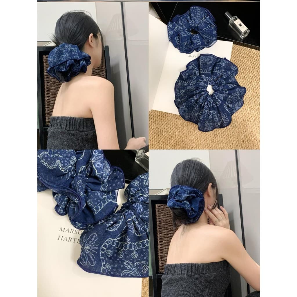 Azul marinho Retro caju flor Scrunchy laço de cabelo feminino High-End sentir Oversized laço de cabelo bola acessórios d