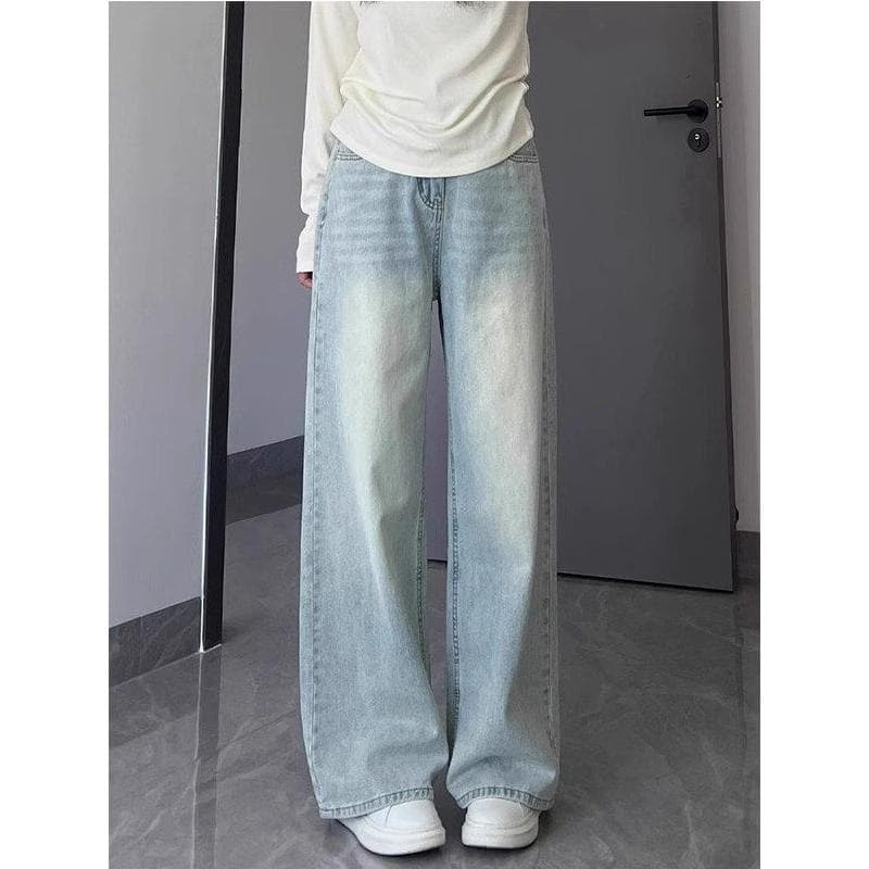 Lavado cor clara Jeans retos feminino 2025 novo estilo pequeno cintura alta solto mais magro olhar drapeado perna larga
