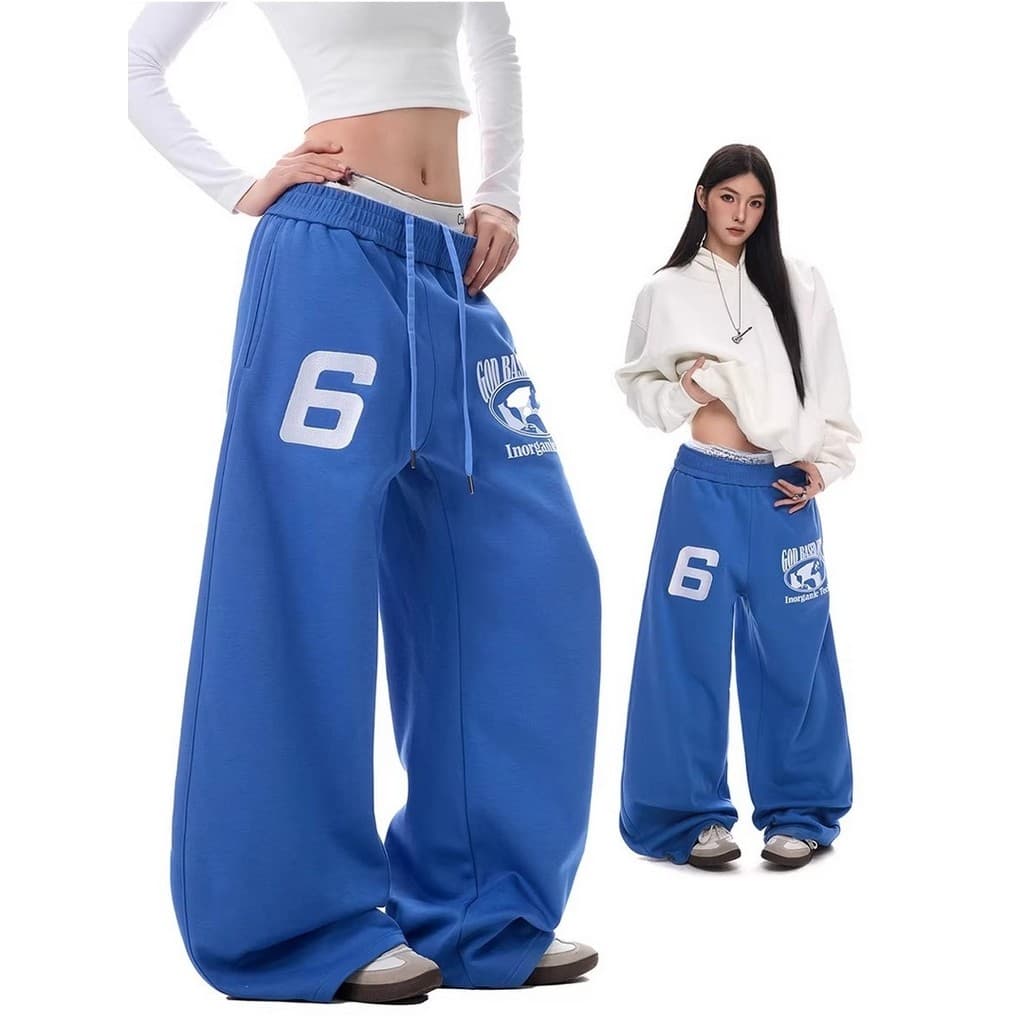 Casual High Street azul Sweatpants Design sentir carta impressão Machete calças de perna larga solta esportes americanos