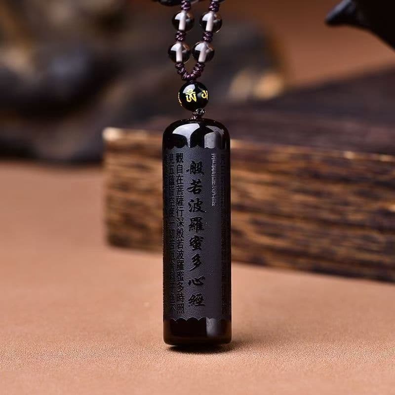 Natural obsidiana Prajna Paramita coração Sutra pingente preto pedra brilhante portátil escritura pingente colar masculi
