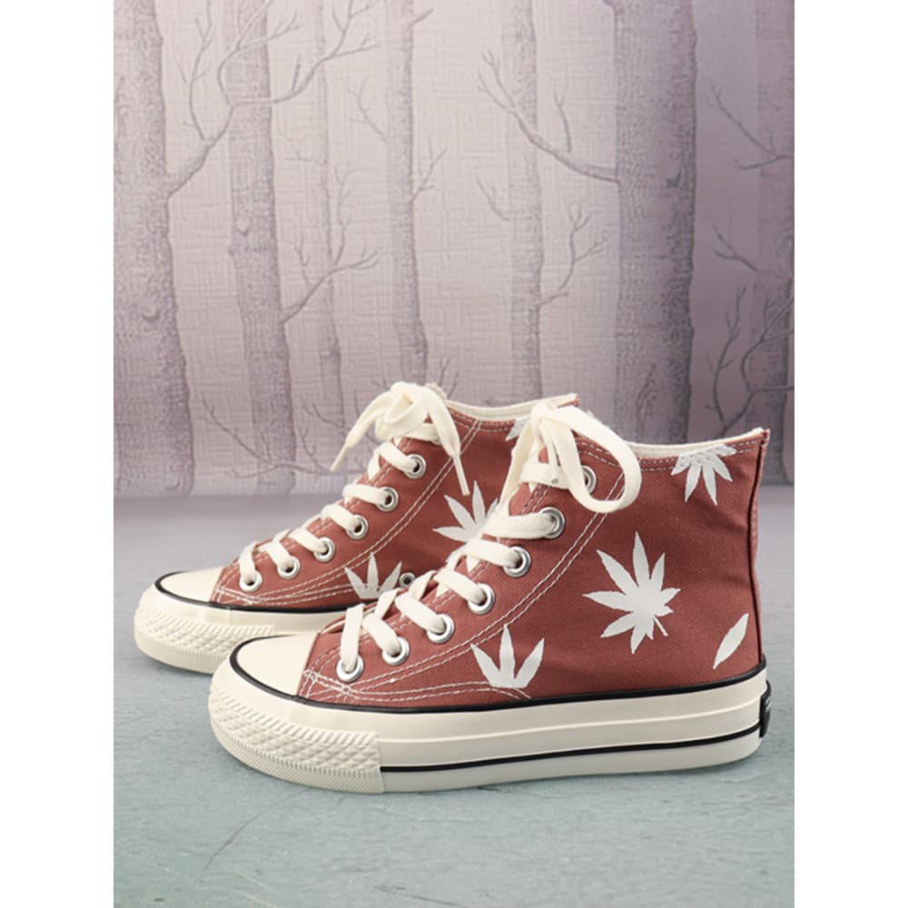 Tamanho 34 impresso Maple Leaf lona borracha de sola grossa Mid-Top sapatos femininos estudante All-Match esportes tênis